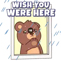 a cartoon of a teddy bear looking out a window with the words wish you were here below it