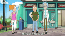 a cartoon of rick and morty saying " i really do need to go " in front of a bathroom