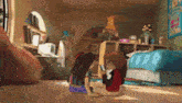 two girls are sitting on the floor in a bedroom looking at a cell phone .