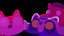 a group of cartoon characters including a fox and a raccoon are looking at each other