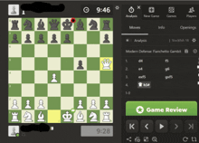 a computer screen shows a chess game with a game review button