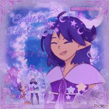 a purple anime character with the words sparkle on have gay sex on the bottom