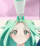 a close up of a green haired anime girl 's face and a close up of a rocket being launched .