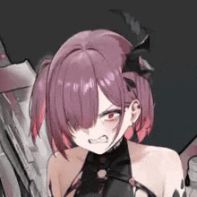 a close up of a purple haired anime girl with red eyes and a black dress .