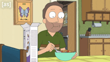 a man is eating cereal in front of a picture of a butterfly and the word [ as ] on the bottom right