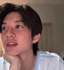 a close up of a person 's face with a white shirt on