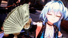 a girl with blue hair holds a fan of one dollar bills in her hand