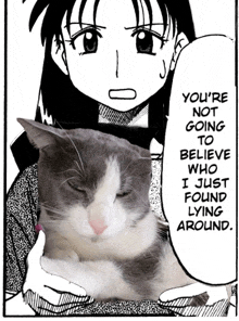 a black and white drawing of a girl holding a cat with the words you 're not going