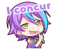 a sticker of a girl with purple hair and the words " i concur " above her