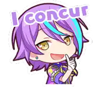 a sticker of a girl with purple hair and the words " i concur " above her