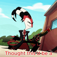 a cartoon character holding a gun with the words thought this d be a