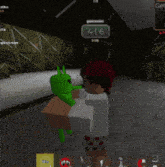 a person in a video game holding a green frog in front of a sign that says 516