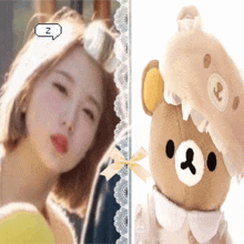 a woman with a speech bubble that says ' z ' next to a stuffed animal