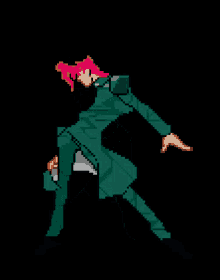 a pixel art of a man with pink hair and a green suit