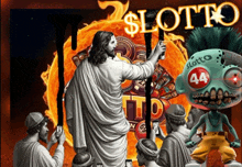 a painting of jesus holding a sign that says lotto on it