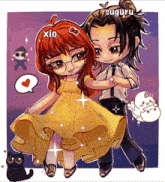 a girl in a yellow dress is standing next to a man