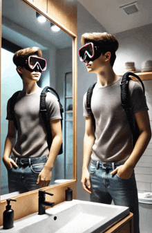 a man wearing goggles looks at himself in the mirror