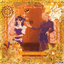 a picture of a man and a woman with the words sanriya is canon at the top