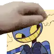 a hand is petting a cartoon character with a bow tie and big smile .