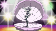 a cartoon of a woman dancing inside of an oyster shell .
