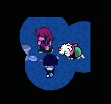 a group of pixel art characters are standing in a dark room .