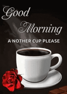a cup of coffee with a red rose on a saucer and the words `` good morning a nother cup please ''