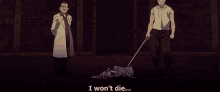 a man is laying on the ground with blood coming out of his neck and says i 've been ordered not to die