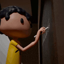 a cartoon character is writing on a chalkboard with a white marker