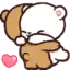 a brown and white teddy bear hugging each other with a heart .