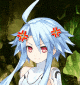 a cartoon character with blue hair and red eyes has a cross on her head