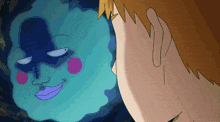 a cartoon of a man looking at a blue face with pink lips