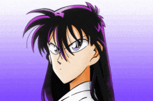 a cartoon character with purple hair and a white shirt