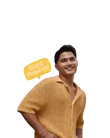 a man in a yellow shirt is smiling and says good morning