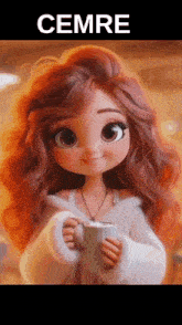a cartoon girl with red hair is holding a cup of coffee and smiling .
