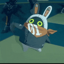 a cartoon character wearing a bunny costume and a bandana with the number 1 on it .