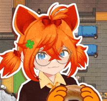 a girl with red hair and glasses holds a bagel in her hands