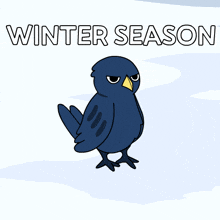 a cartoon of a bird in the snow with the words winter season above it