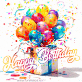 a birthday card with balloons and a gift box that says happy birthday