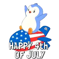 a happy 4th of july greeting card with a penguin sitting on an american flag