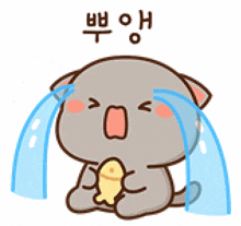 a cartoon cat is crying while holding a fish in its paws .