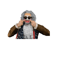 a man in a wig and sunglasses giving the middle finger