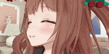 a close up of a girl 's face in a room