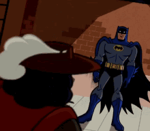 a man in a cowboy hat stands next to a batman