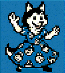 a pixel art of a husky wearing a blue dress waving