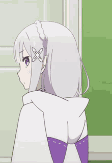 a girl with white hair and purple eyes has a white cape on