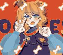 a drawing of a girl with a dog collar and bones on her head giving a peace sign