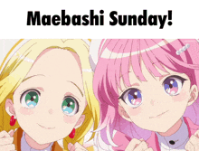 a picture of two anime girls with the words maebashi sunday