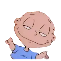 a cartoon character with a blue shirt is smiling and making a funny face