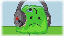 a green cartoon character wearing headphones has a sad face on his face