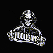 a skeleton in a hoodie holding two guns with the words hooligans written below him